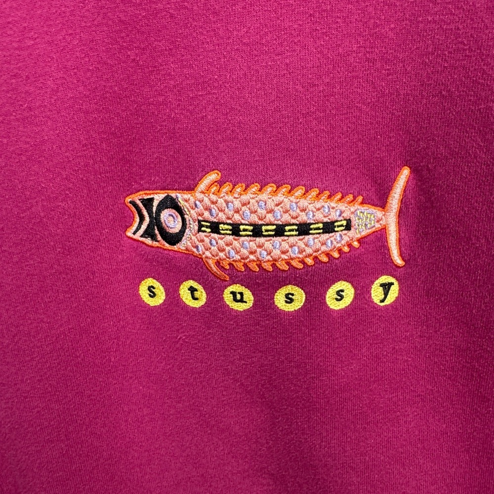 Stussy Hoodie Mens XL Pink Fish Graphic Embroidered Streetwear Pullover Y2K - Picture 3 of 9